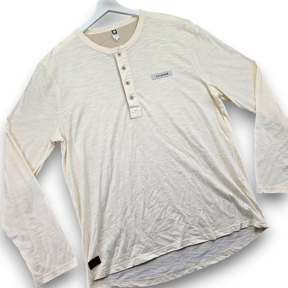 G-STAR RAW Henley T Shirt Mens 2XL Cream Cotton Blend Long Sleeve RCO Engine